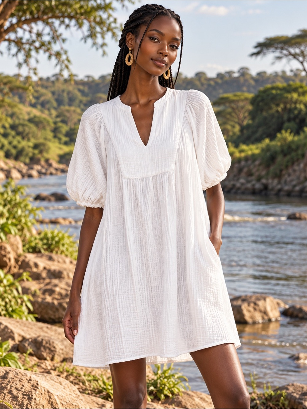H&M White V-Neck Puff Sleeve Swim Cover-Up